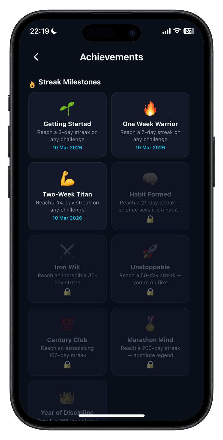 Daily Pact achievements screen