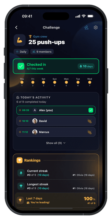 Daily Pact home screen showing a friend's check-in from the last 24 hours and this week's progress
