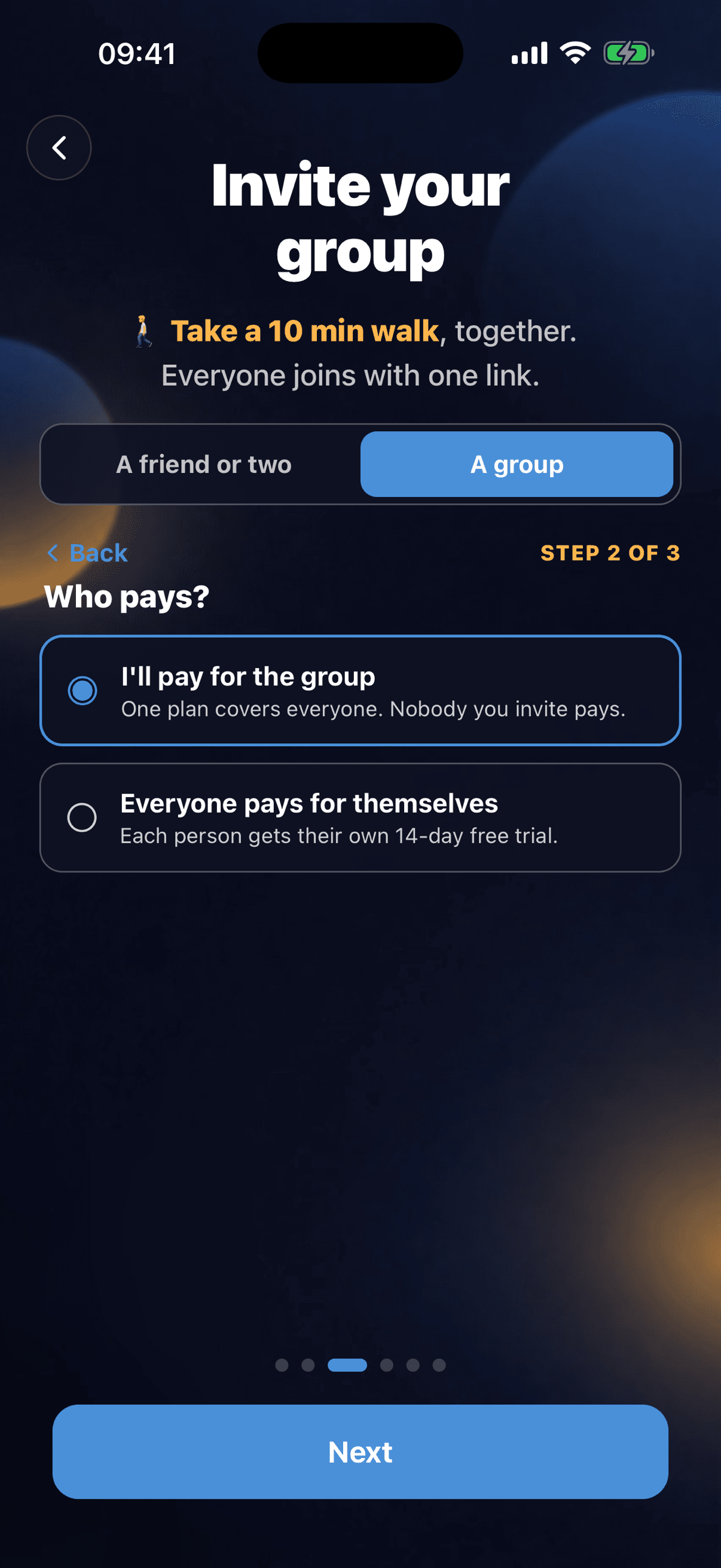 Daily Pact sign-up step asking who pays: I'll pay for the group or Everyone pays for themselves