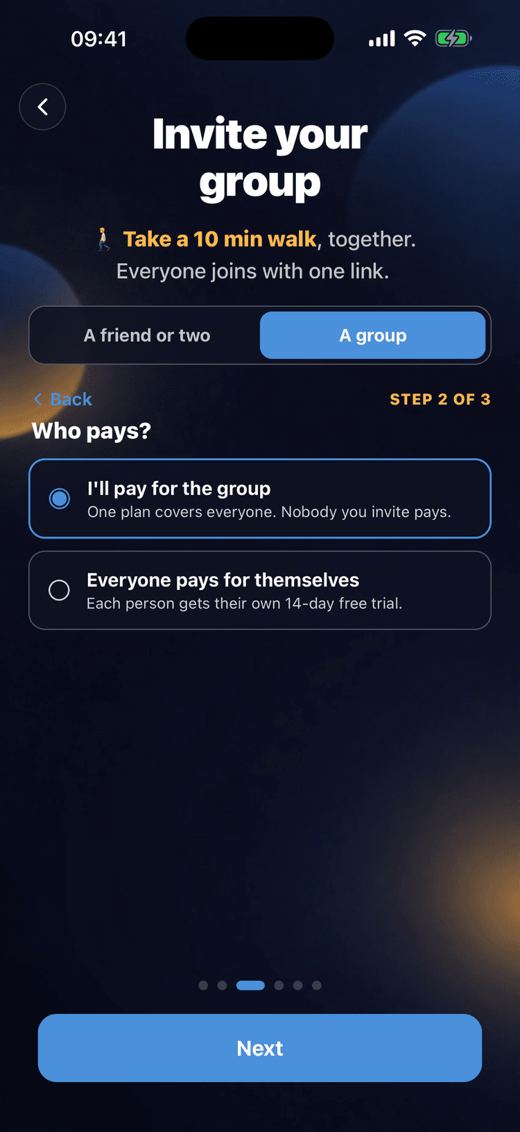 Daily Pact Invite your group screen with the choice between a friend or two and a group, and who pays