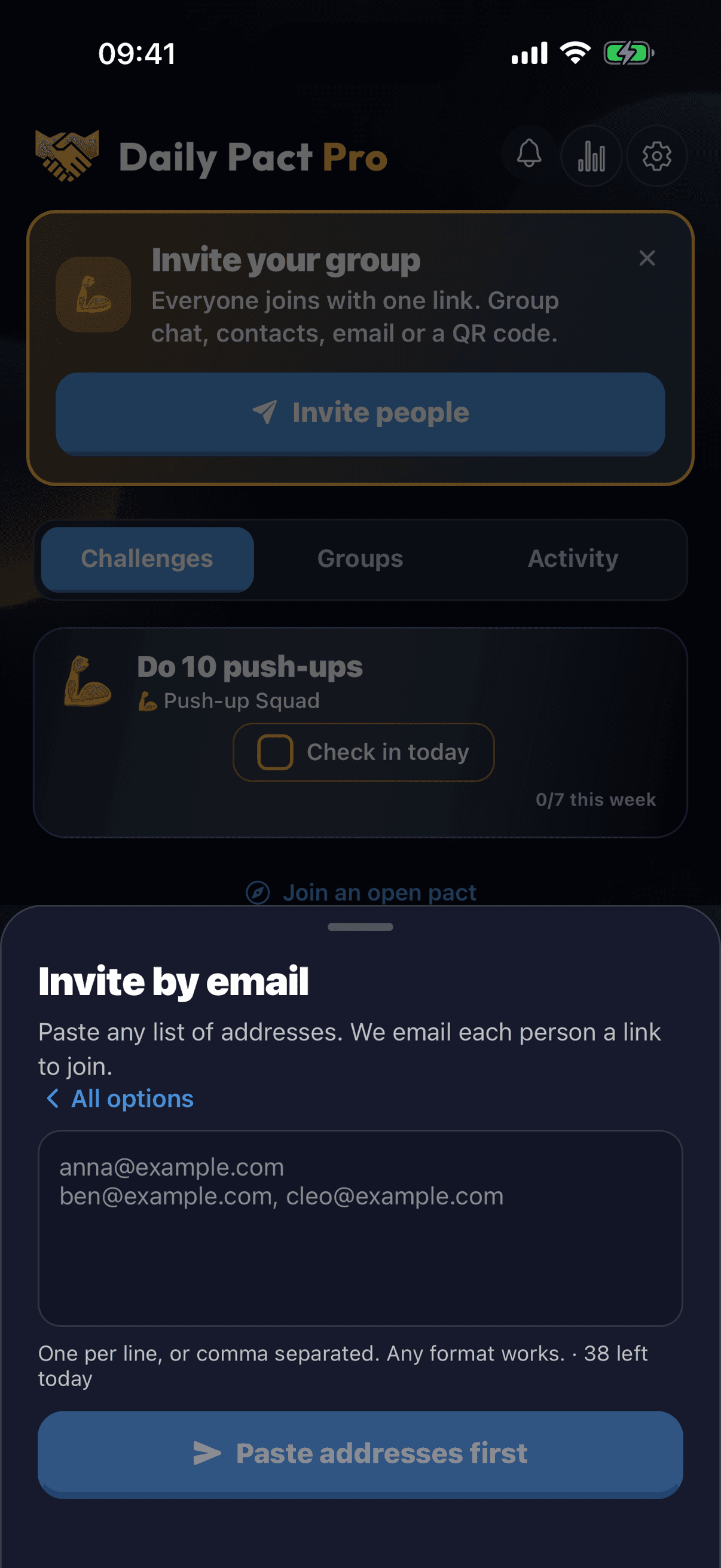 Invite by email screen in Daily Pact showing who was sent an invite and who joined