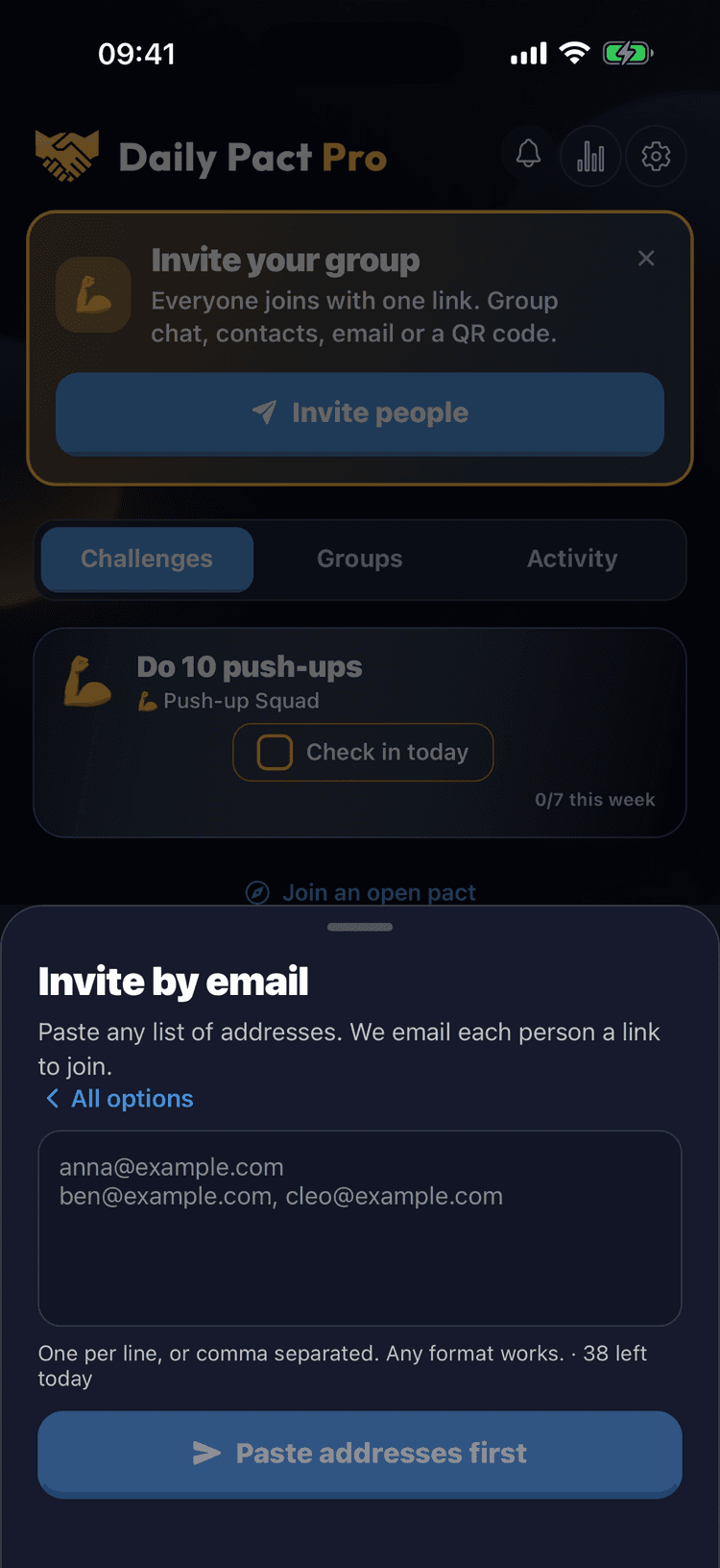 Daily Pact Invite by email screen with a pasted list of addresses