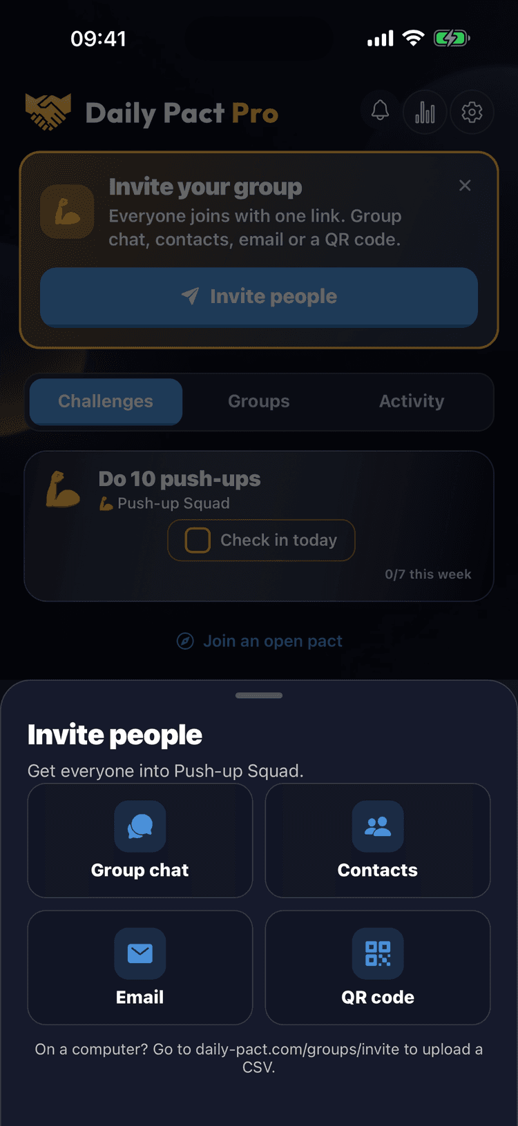 Daily Pact Invite people sheet with Group chat, Contacts, Email and QR code
