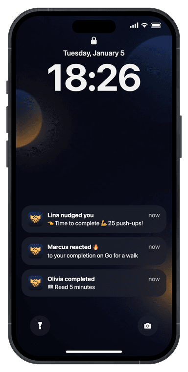 iPhone Lock Screen with Daily Pact notifications: a friend's nudge, a reaction and a completed check-in