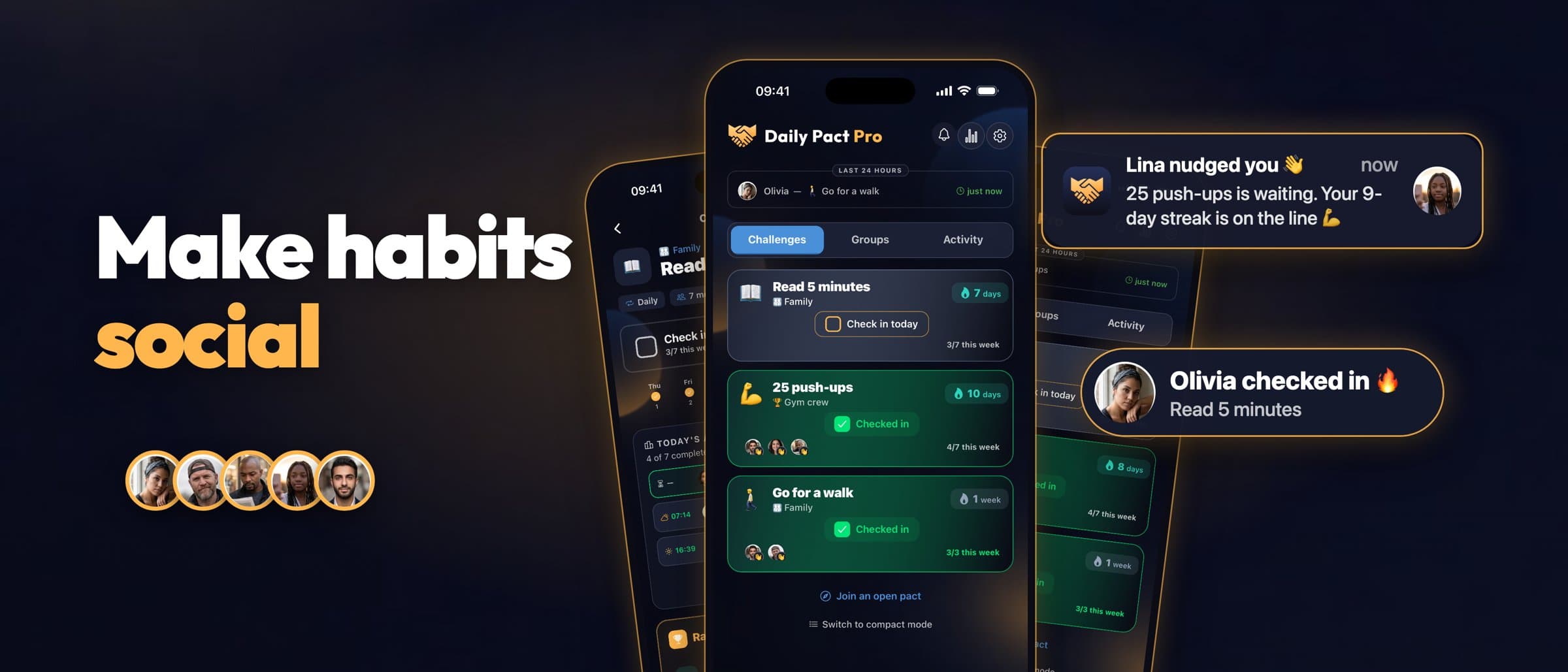 Daily Pact: check-ins de amigos, toques e sequências na app