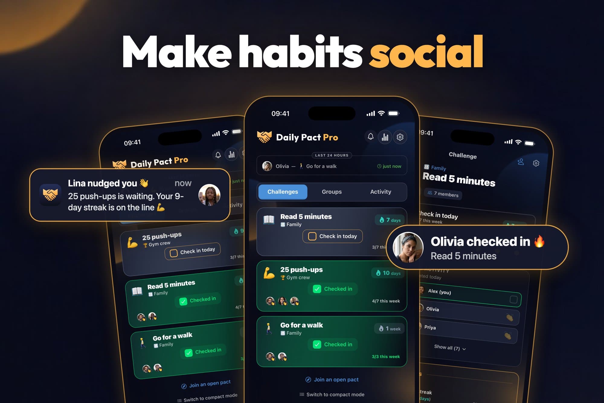 Daily Pact: check-ins de amigos, toques e sequências na app