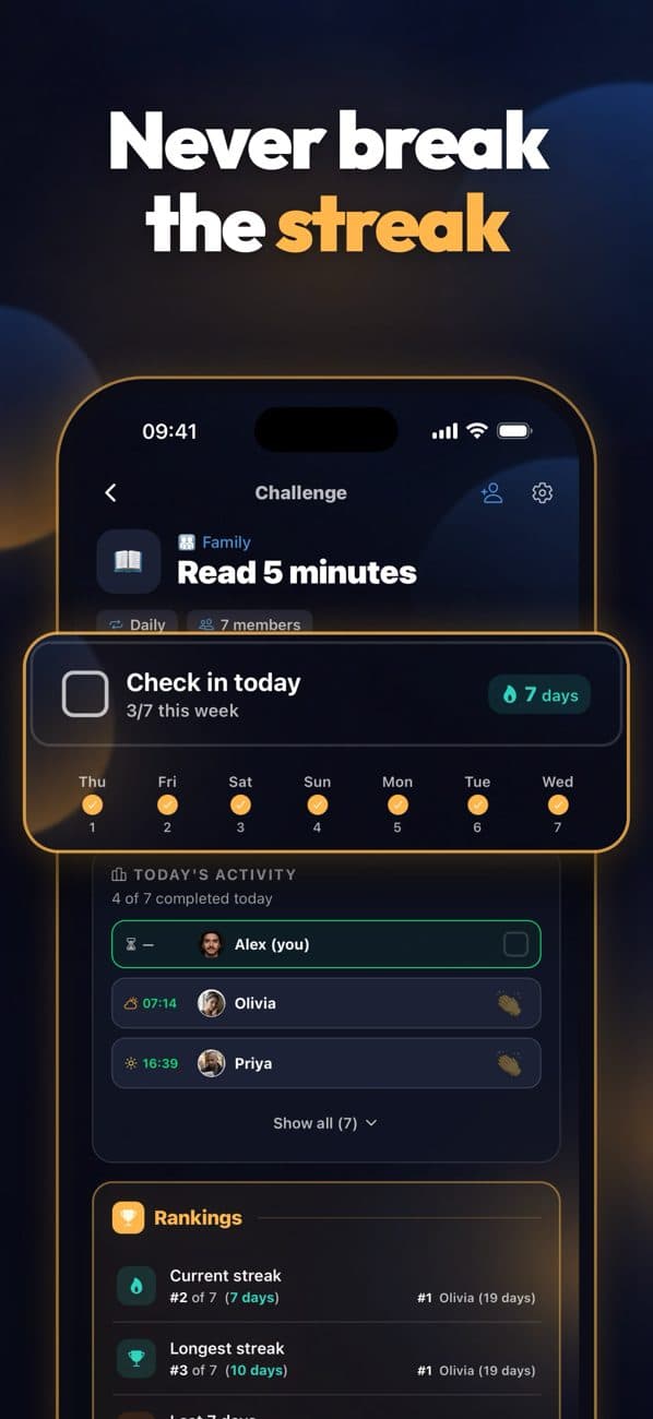 Página de hábito com check-in de hoje e uma sequência de 7 dias
