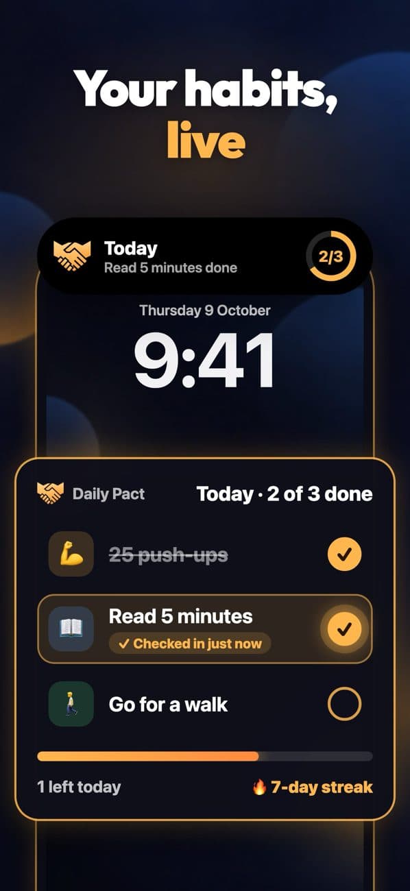 Atividade em direto do Daily Pact no ecrã bloqueado do iPhone